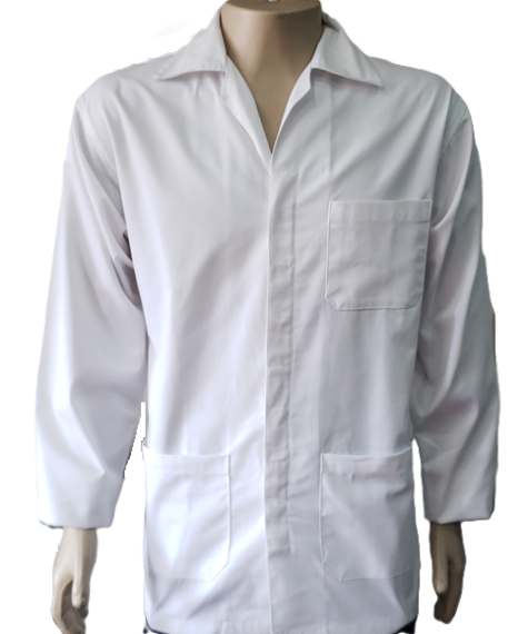 Batas manga larga; Estilo bodega en tela gabardina, color blanco